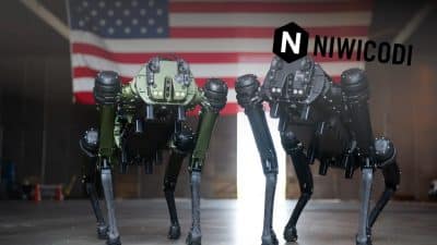 robots militaires IA en action -poster